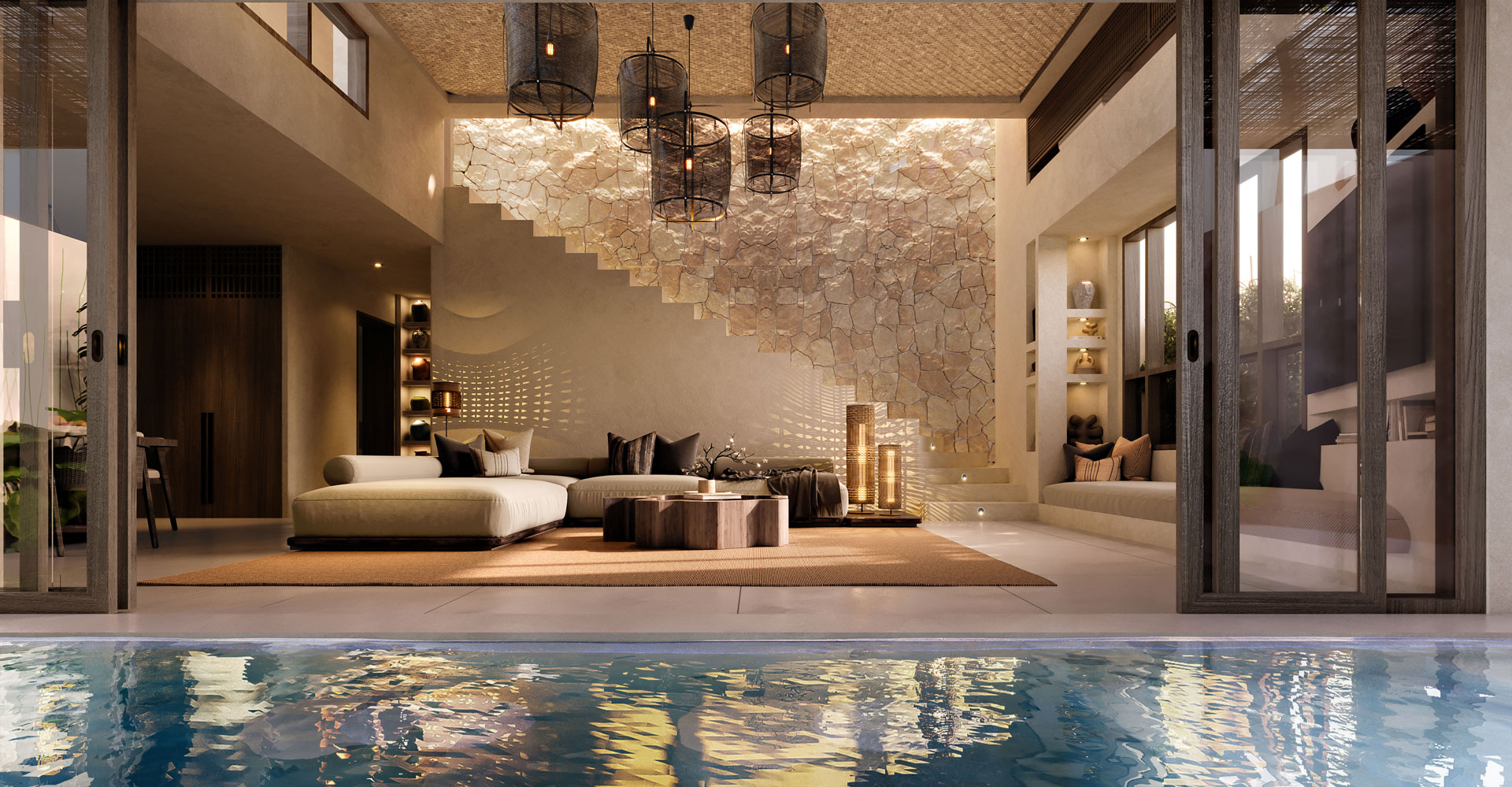 LEViRO Residences: the double-height living room seen from the pool
